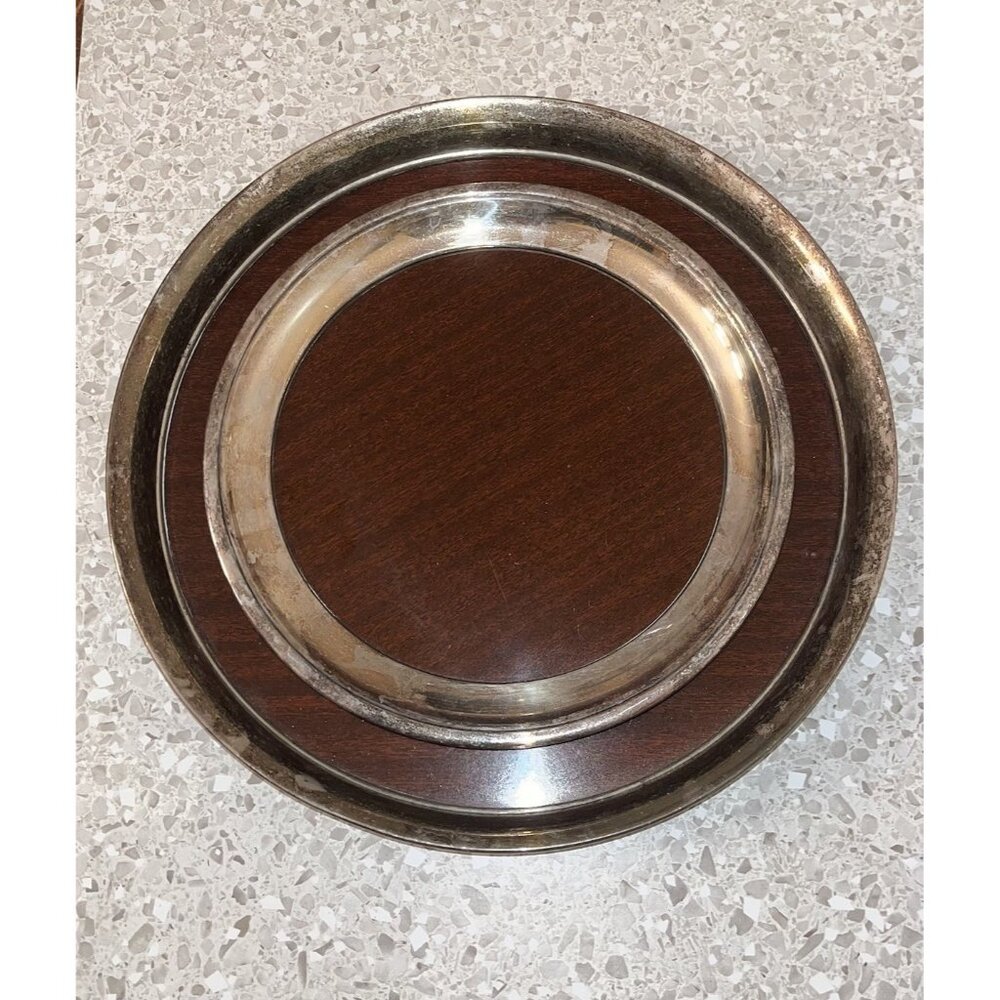 Round Serving Cocktail Tray Formica Wood Grain Set of 2 MCM Vintage Cresent & ? - Picture 3 of 12